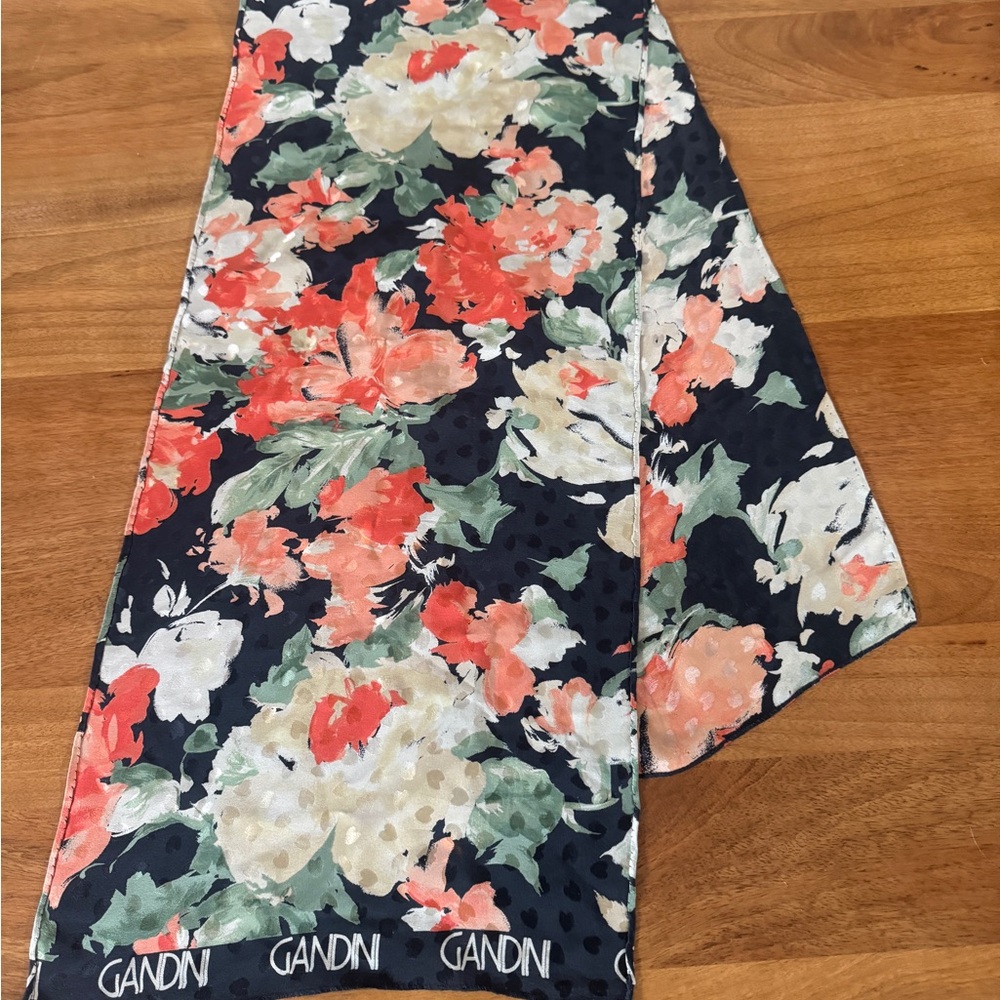 Navy Floral Silk Scarf with Coral and Cream Blooms